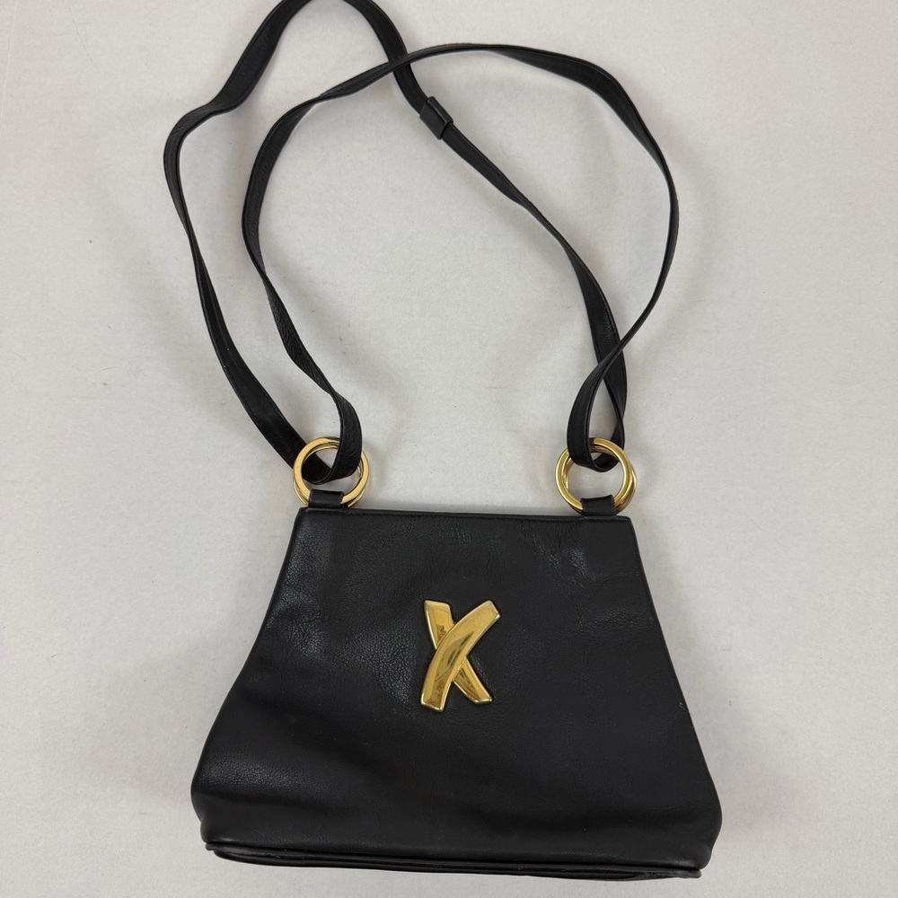 Paloma Picasso Vintage Black Leather Shoulder Bag Gold X Logo Made in Italy